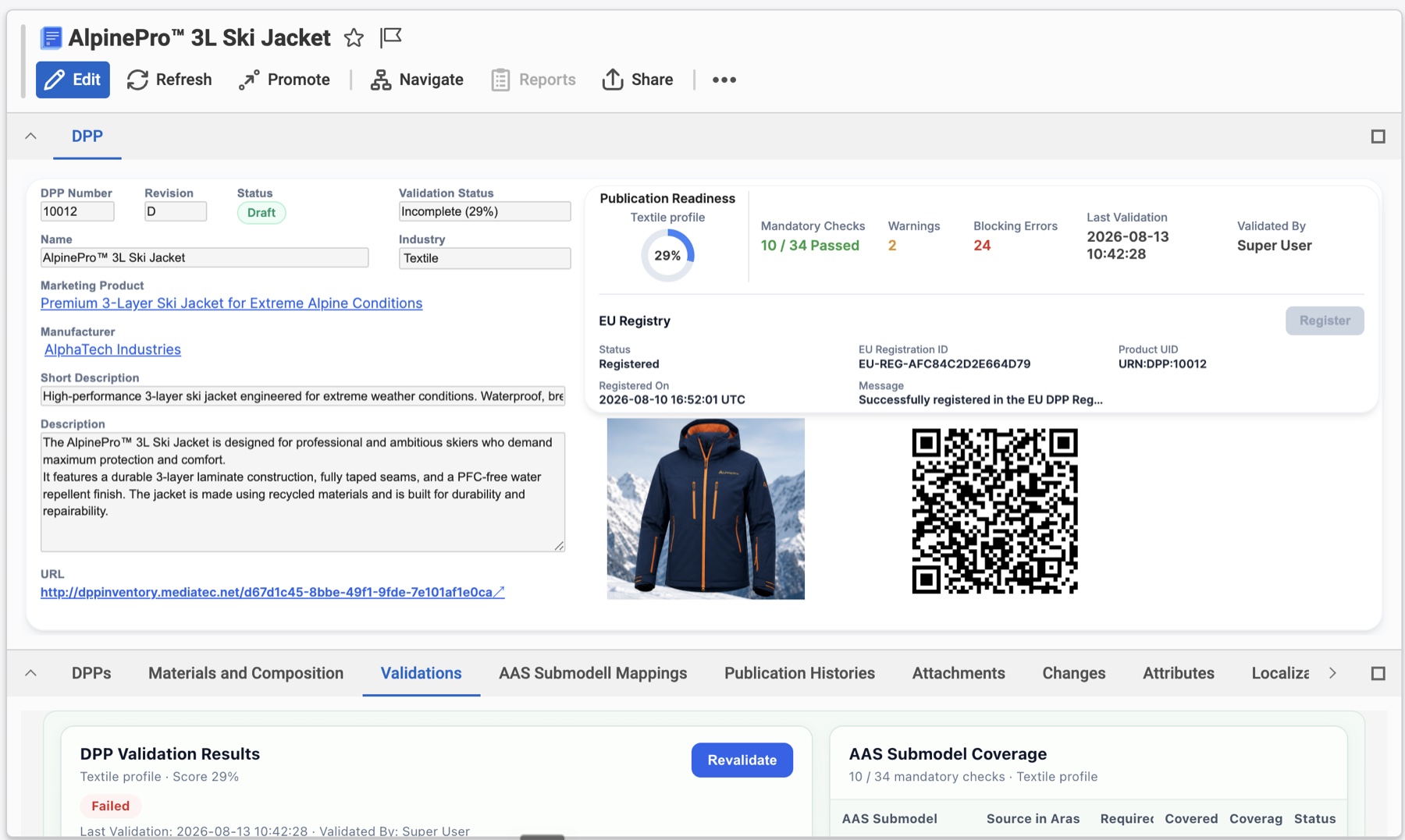 DPP-Demoansicht in ARAS mit Produktdaten, Validierungsstatus, Produktbild und QR-Code